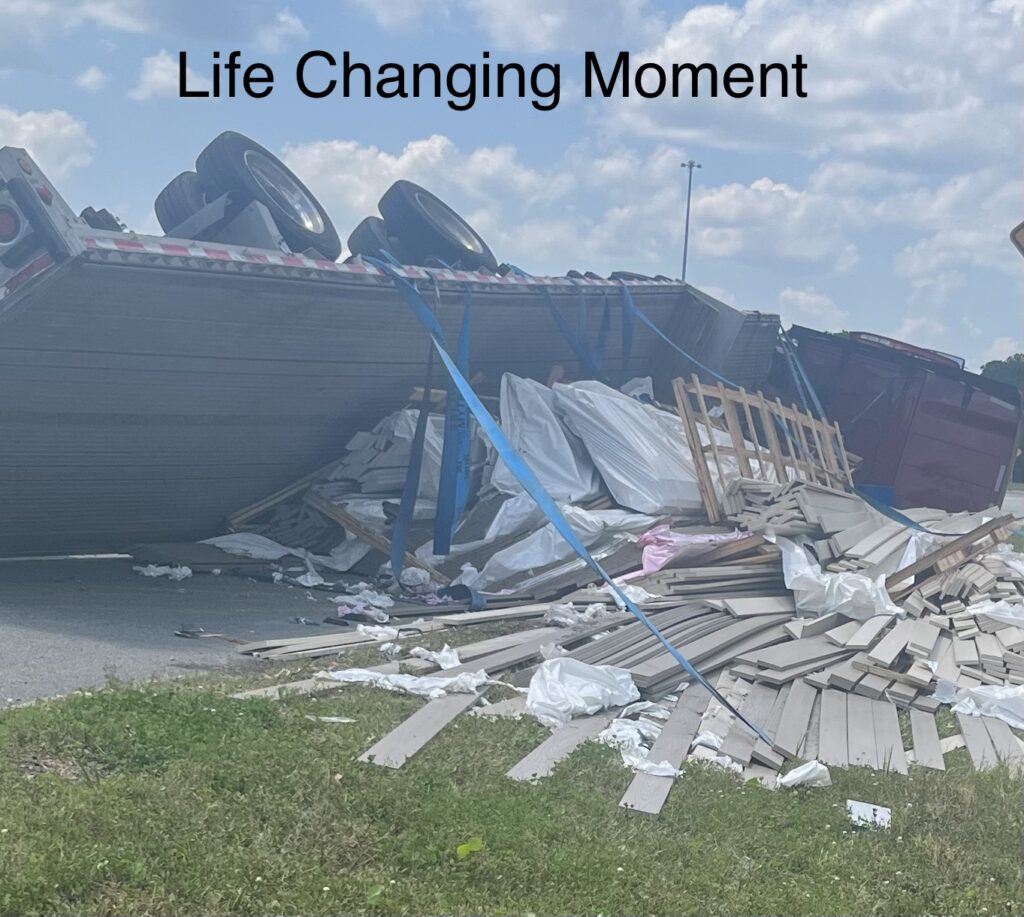 Photo of my actual semi-truck wreck after a rollover — the real crash that inspired my rebuild and the message of this article.