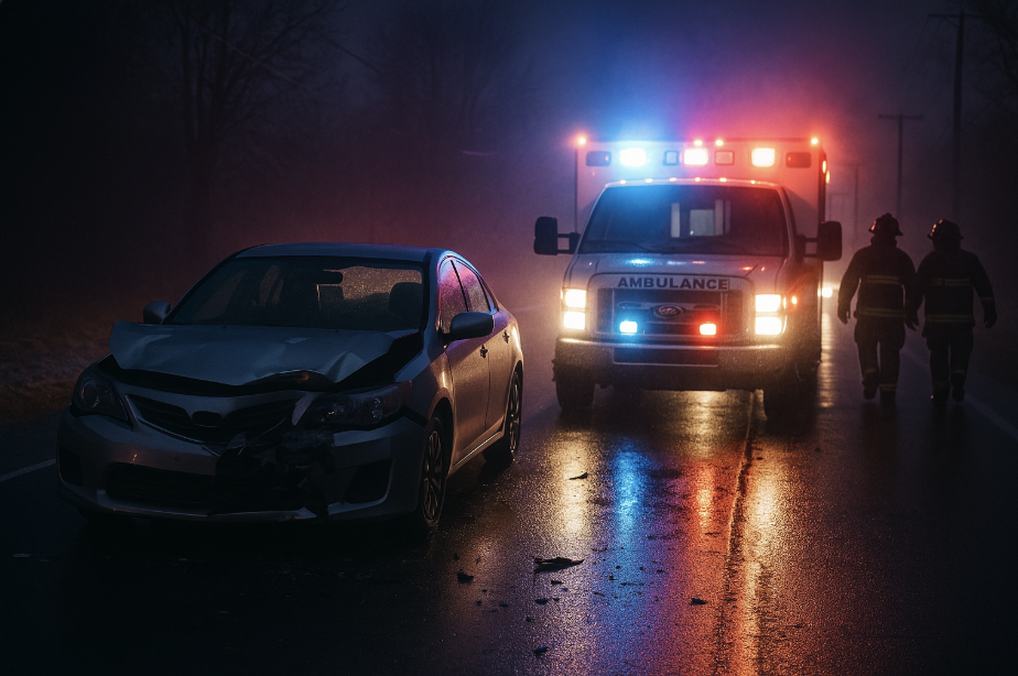 AI-generated image of emergency responders arriving at a nighttime crash scene with flashing ambulance lights, symbolizing the urgent triage every divorced dad faces in the first 24 hours after initial shock of divorce bomb exploding.
