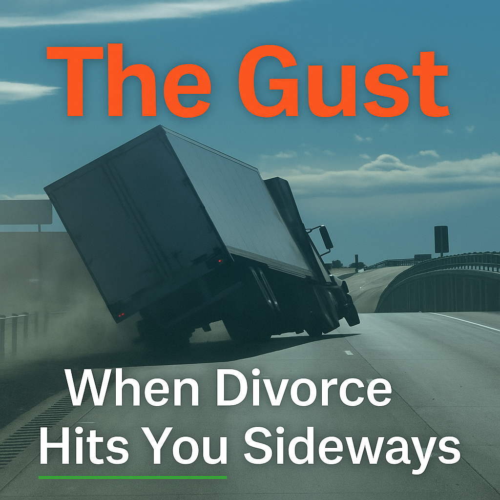 Semi-truck tilting sideways in Wyoming wind — visual metaphor for staying grounded when divorce hits unexpectedly.