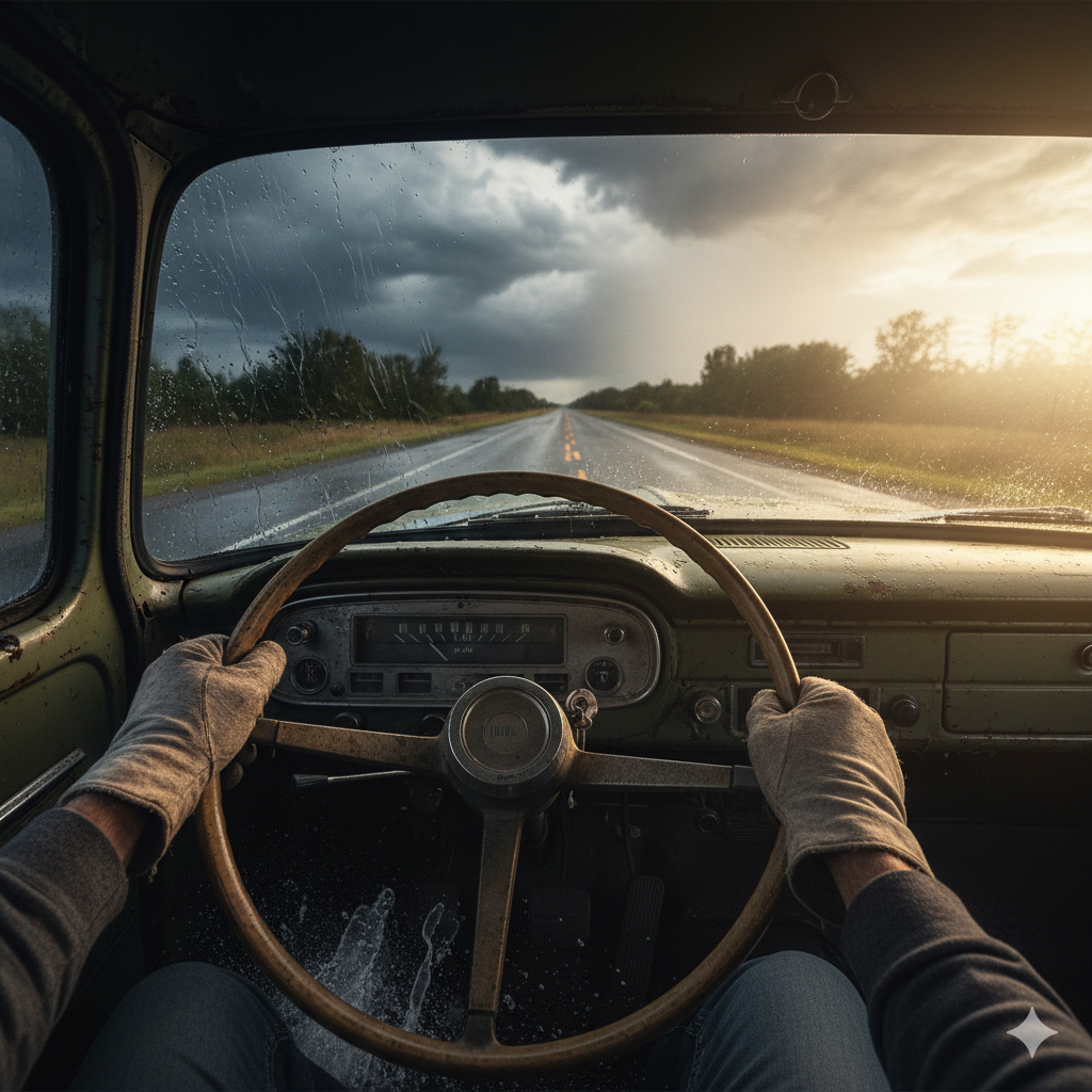 View from inside a truck cab driving through a storm towards sunlight, representing the shift from divorce regret to rebuilding life.
